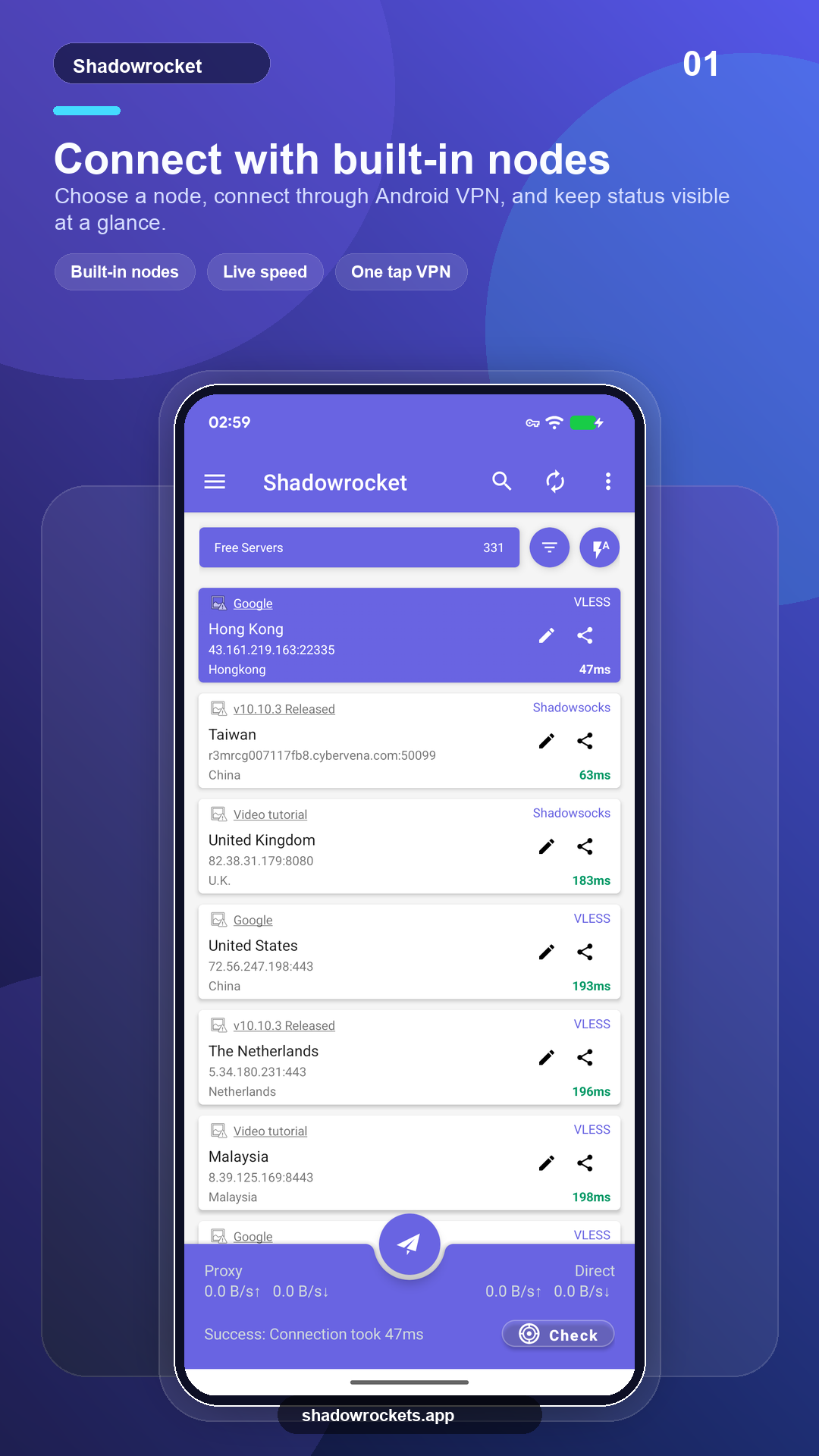 Shadowrockets Android screenshot: Connect with built-in nodes