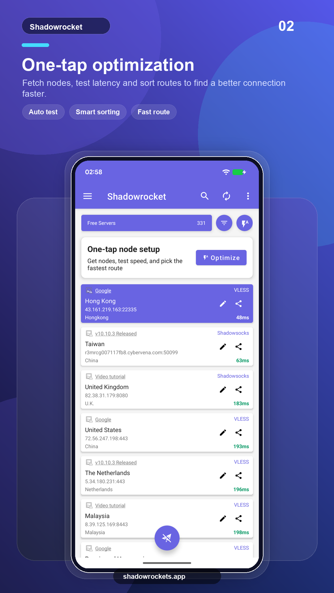 Shadowrockets Android screenshot: One-tap optimization